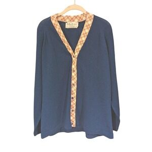 Vintage Talbotts Traveler Navy Blue Cardigan Sweater Plaid Trim‎ Buttons Size M